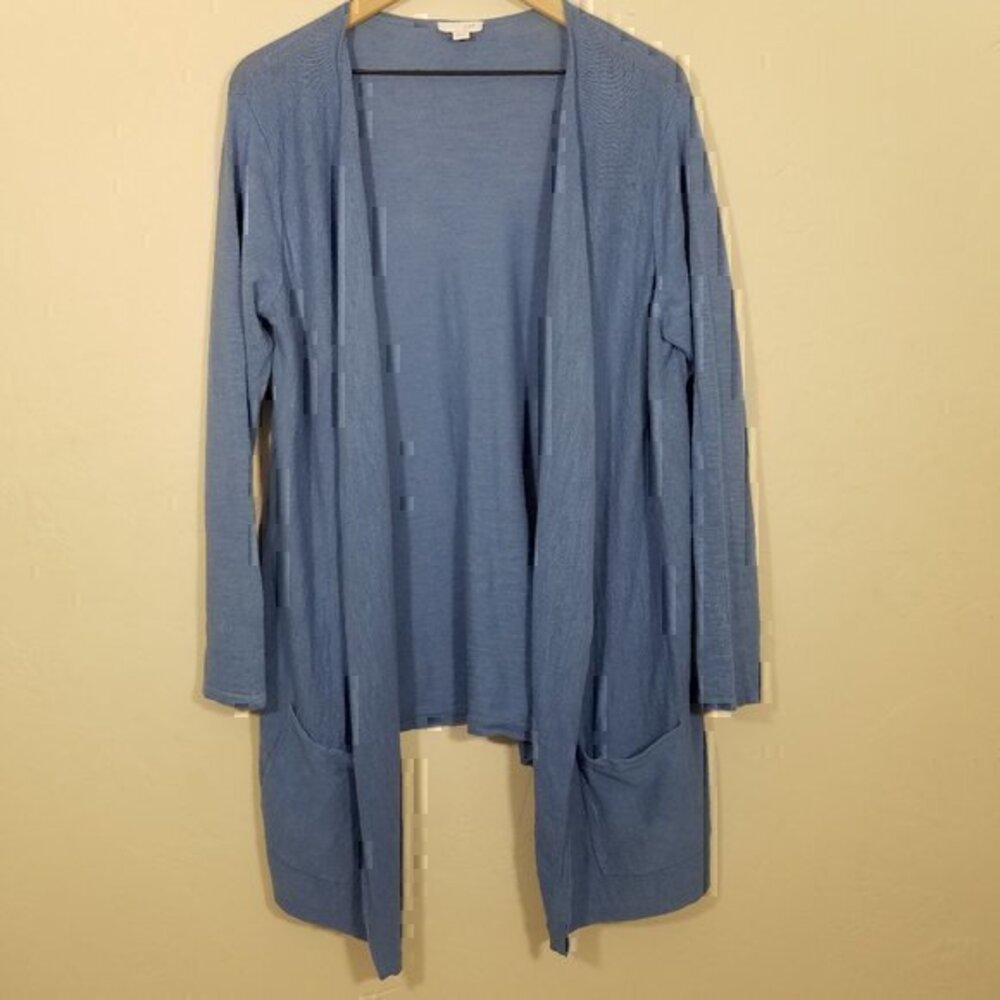 J. Jill Linen Blend Front Pockets Asymmetrical Open Front Cardigan Sweater Blue